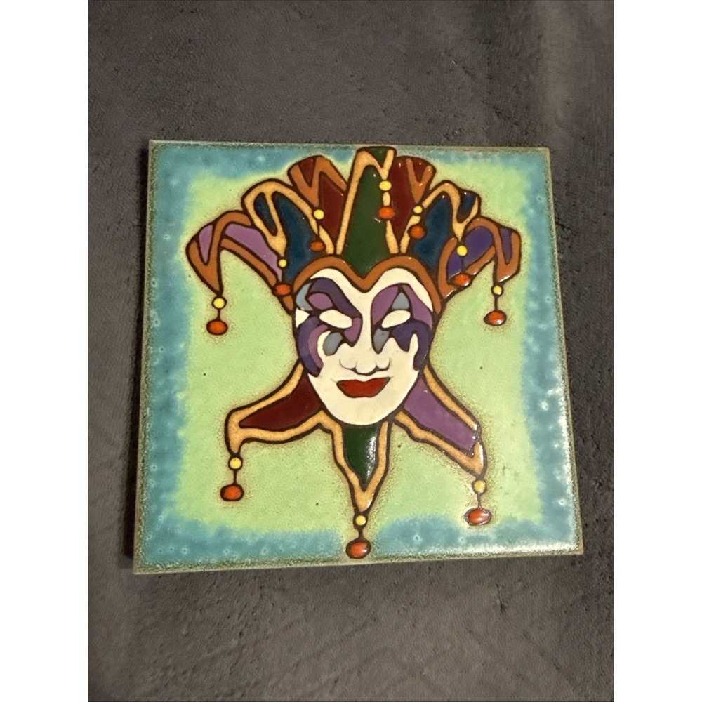 Pacific Blue Tile Elany Hand Painted Jester Mardi Gras Ceramic Art Tile Trivet